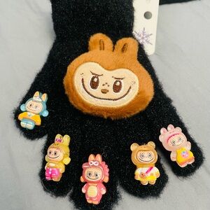 Kids cute Black Fuzzy Gloves with Cute Animal Designs